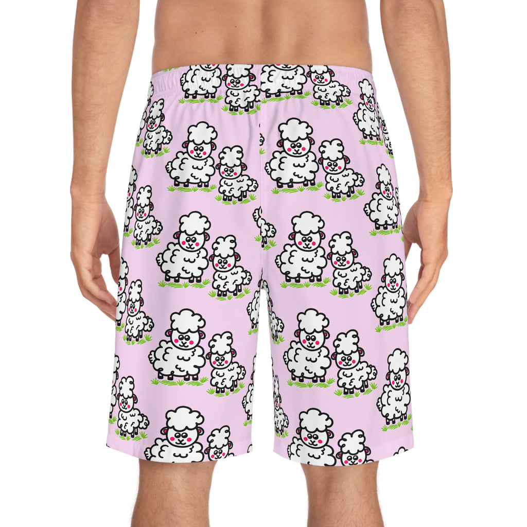 Hand-Drawn Cute Cartoon Sheep Pattern Men's Board Shorts | Pink All-Over Print