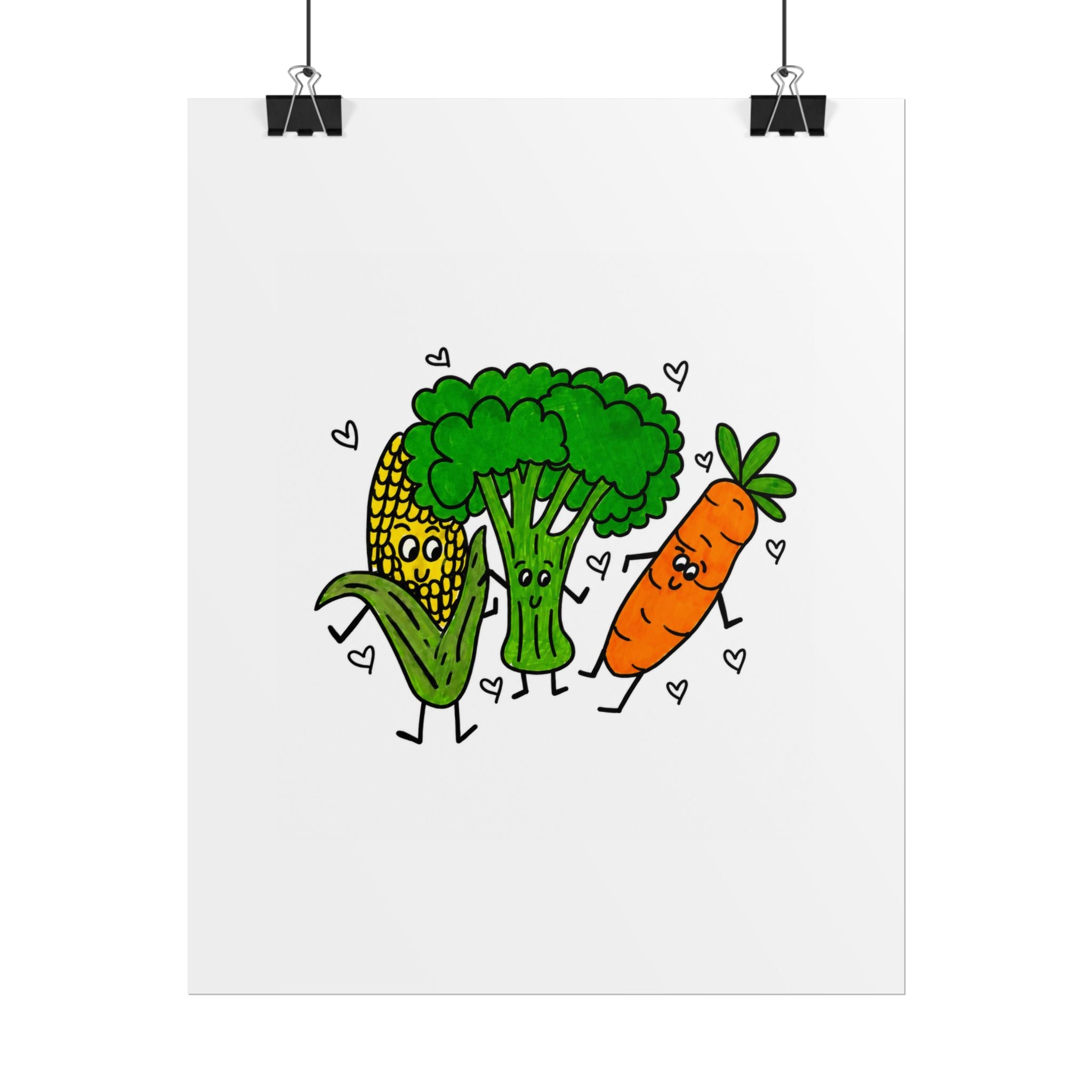 Hand-Drawn Cute Veggie Trio Poster | Corn Broccoli Carrot Wall Art