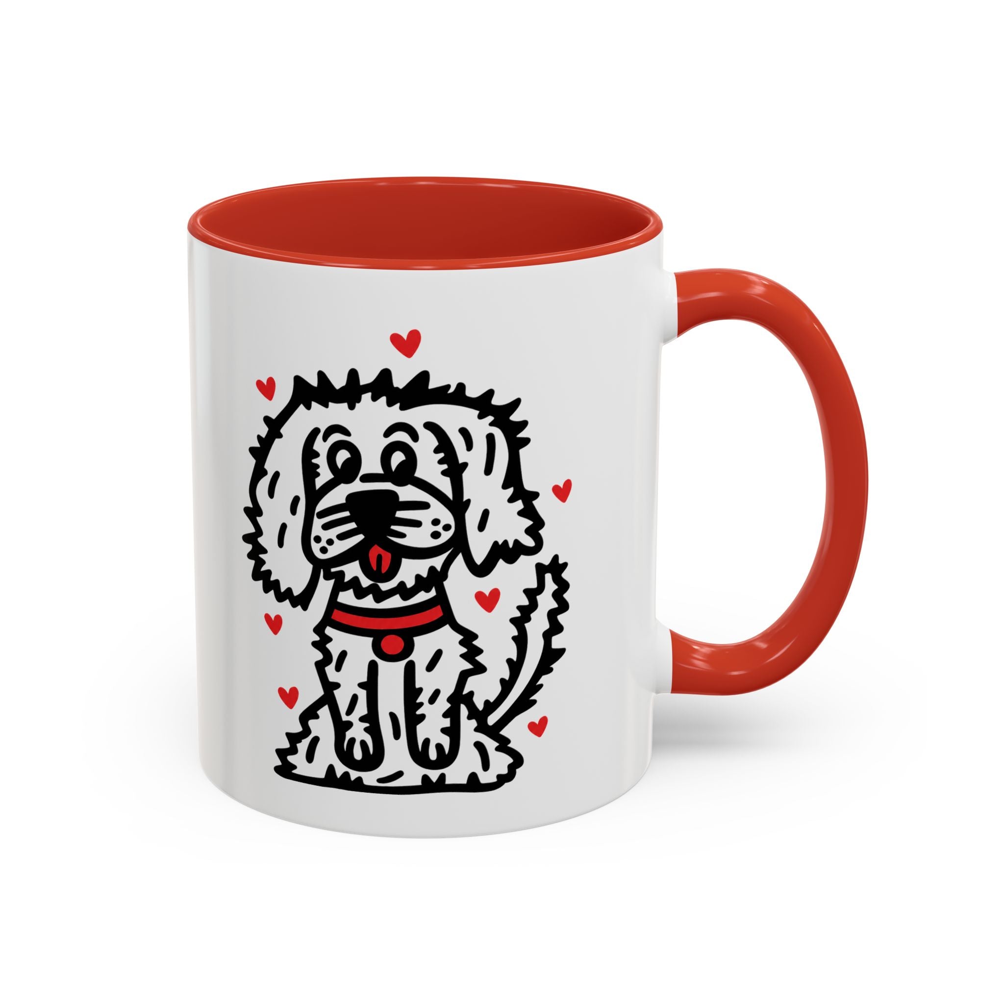 Hand-Drawn Fluffy Dog Red Collar Accent Coffee Mug | White Dog Illustration