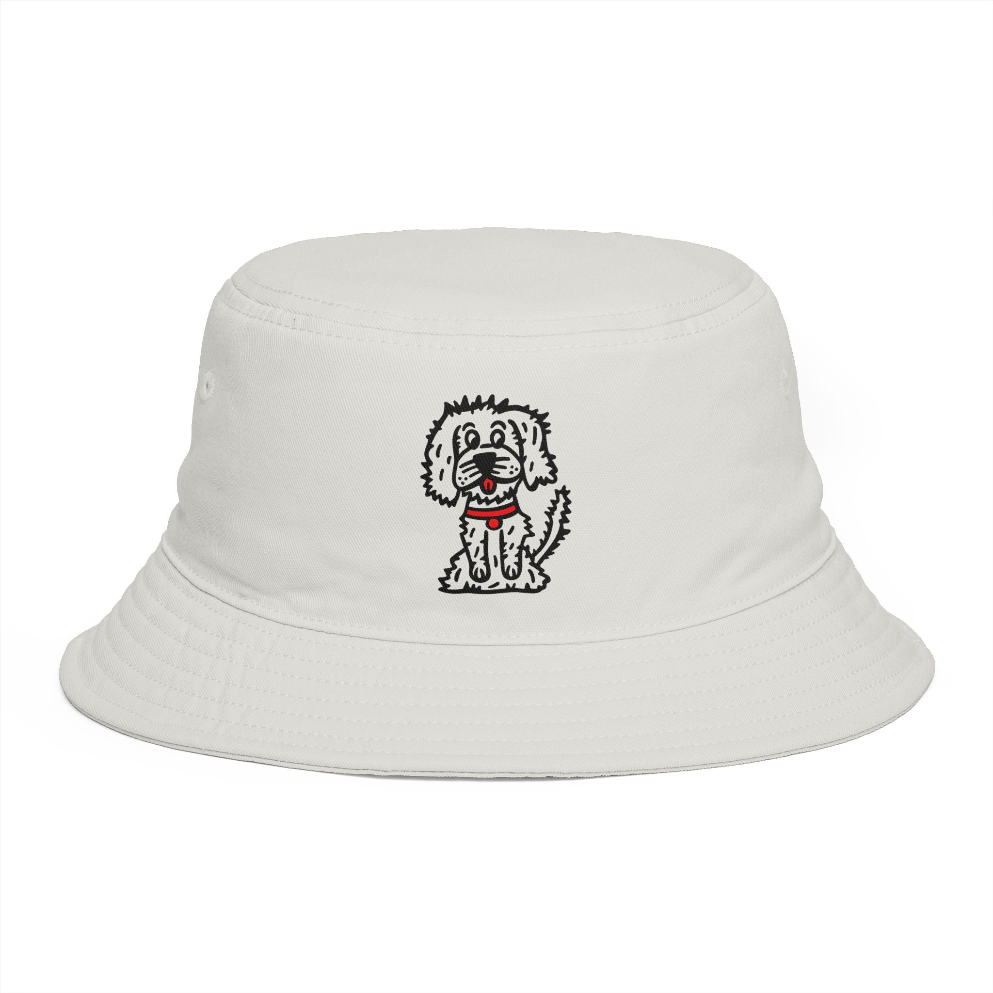 Hand-Drawn Cute White Fluffy Dog Bucket Hat | Red Collar