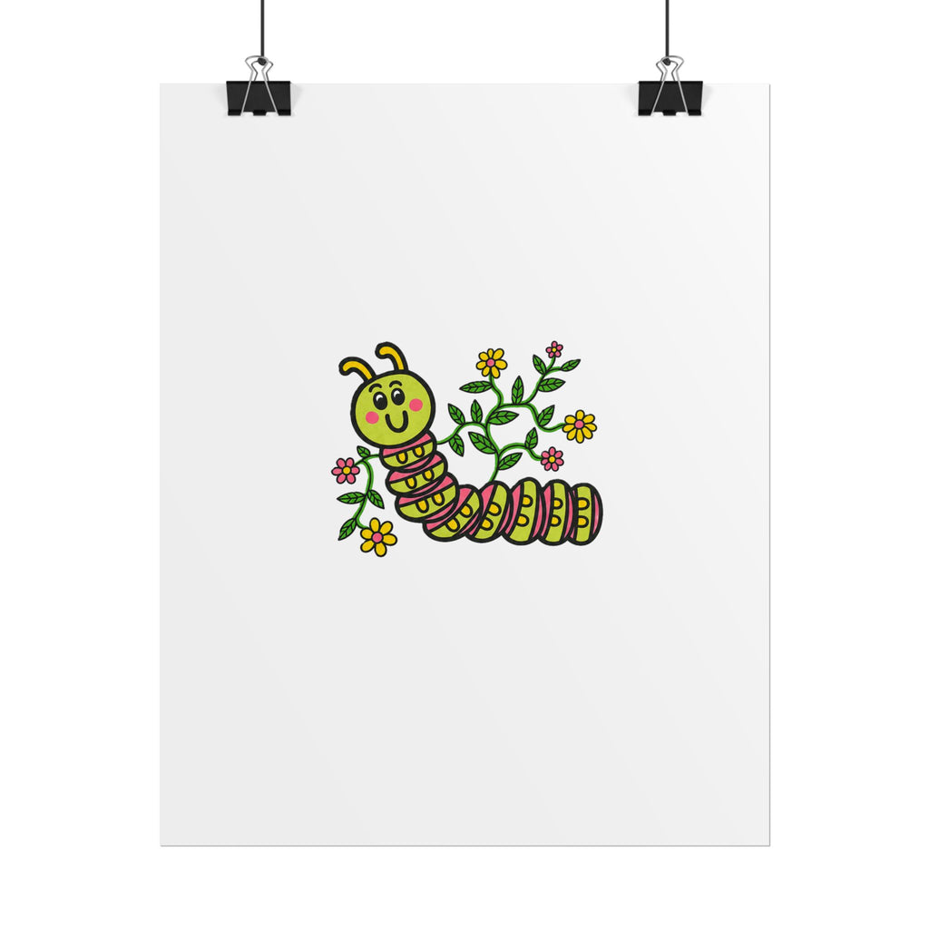 Hand-Drawn Cute Caterpillar Illustration Rolled Poster | Floral Kids Nursery Art
