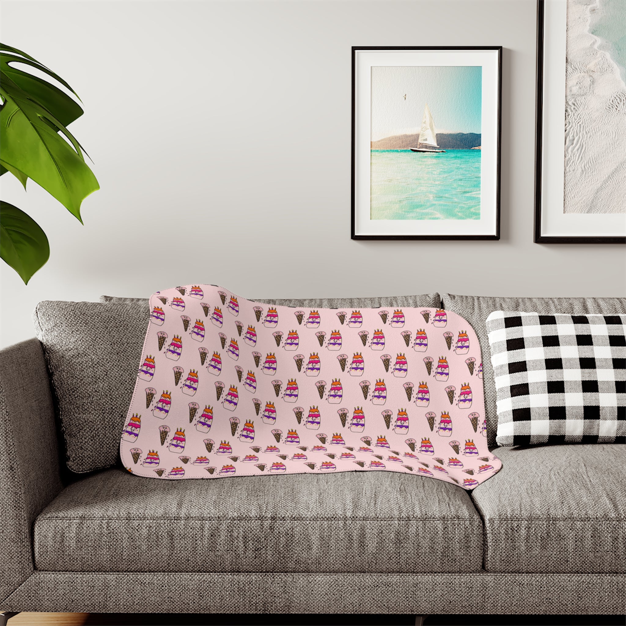 Hand-Drawn Pink Ice Cream Cone and Cake Pattern Sherpa Blanket | Cute Dessert Print