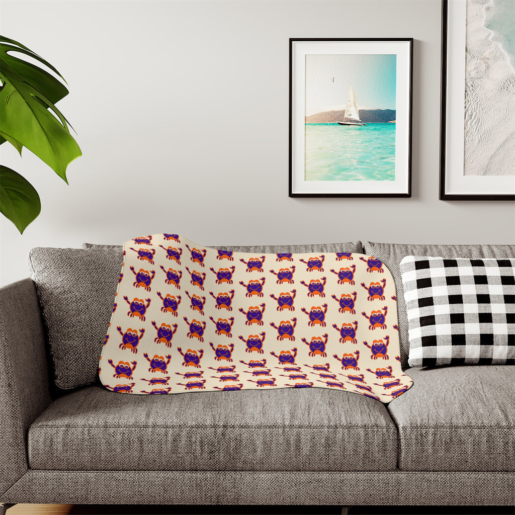 Hand-Drawn Purple Red Crab Pattern Sherpa Blanket | Coastal Nautical Beach Throw