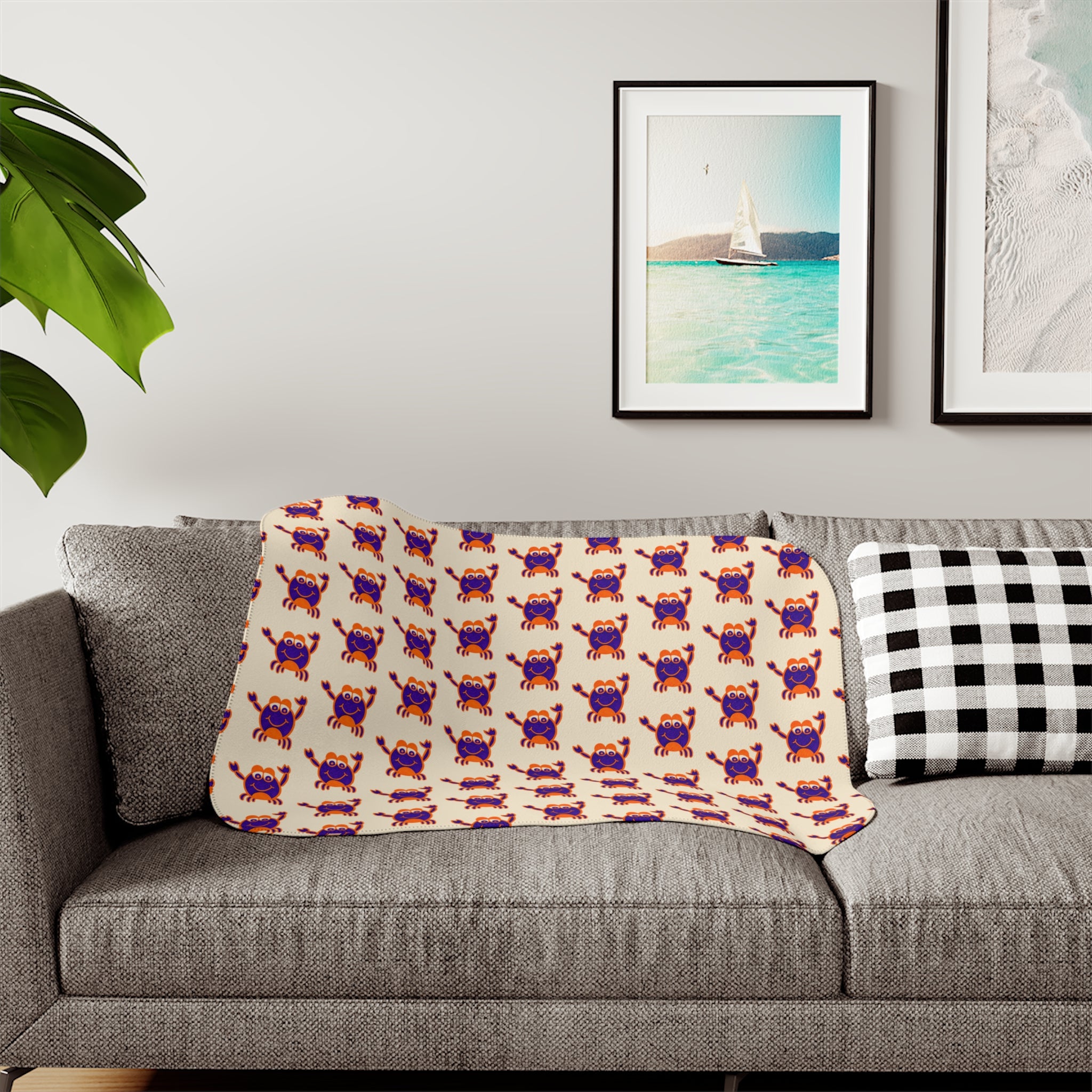 Hand-Drawn Purple Red Crab Pattern Sherpa Blanket | Coastal Nautical Beach Throw