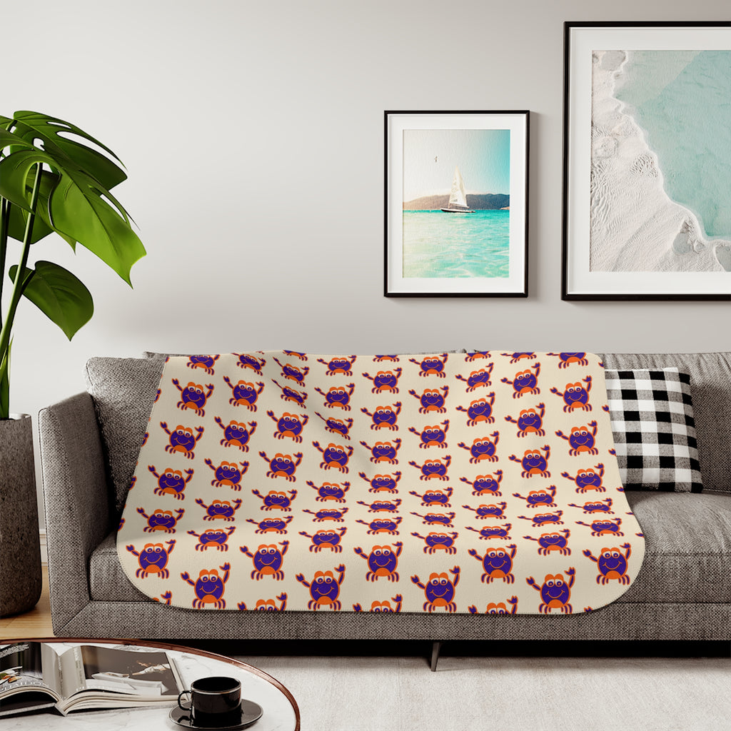 Hand-Drawn Purple Red Crab Pattern Sherpa Blanket | Coastal Nautical Beach Throw