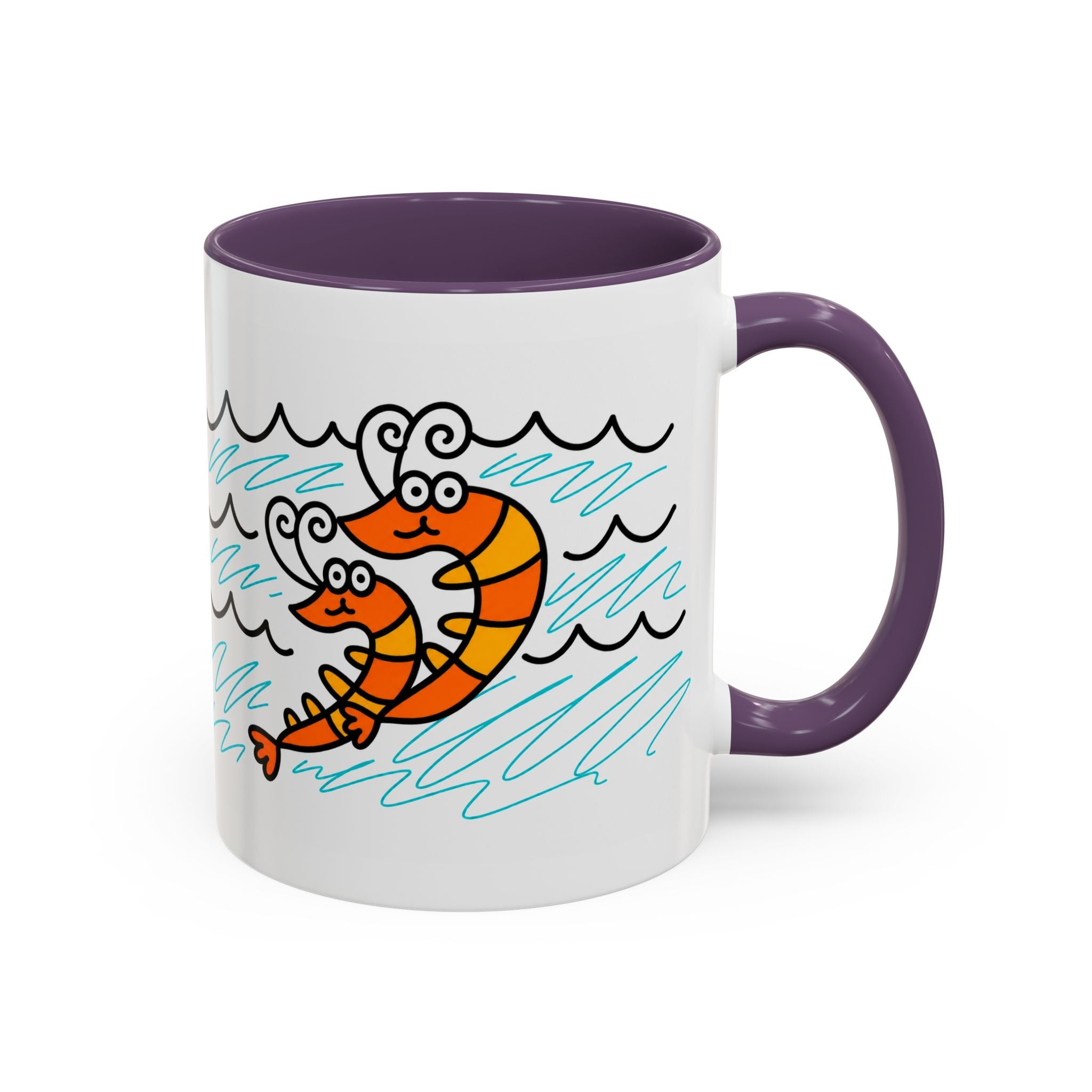 Hand-Drawn Two Shrimp Ocean Waves Mug | Coastal Seafood Ceramic Coffee Mug