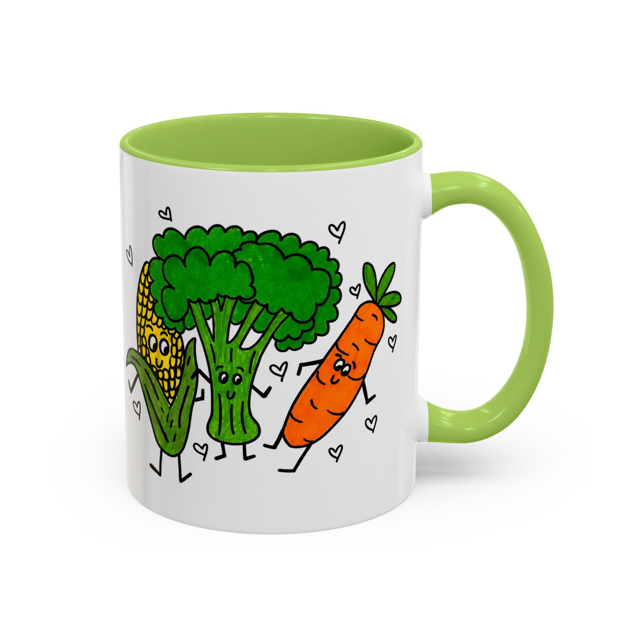 Hand-Drawn Dancing Veggies Carrot Broccoli Corn Mug | Accent Coffee Mug