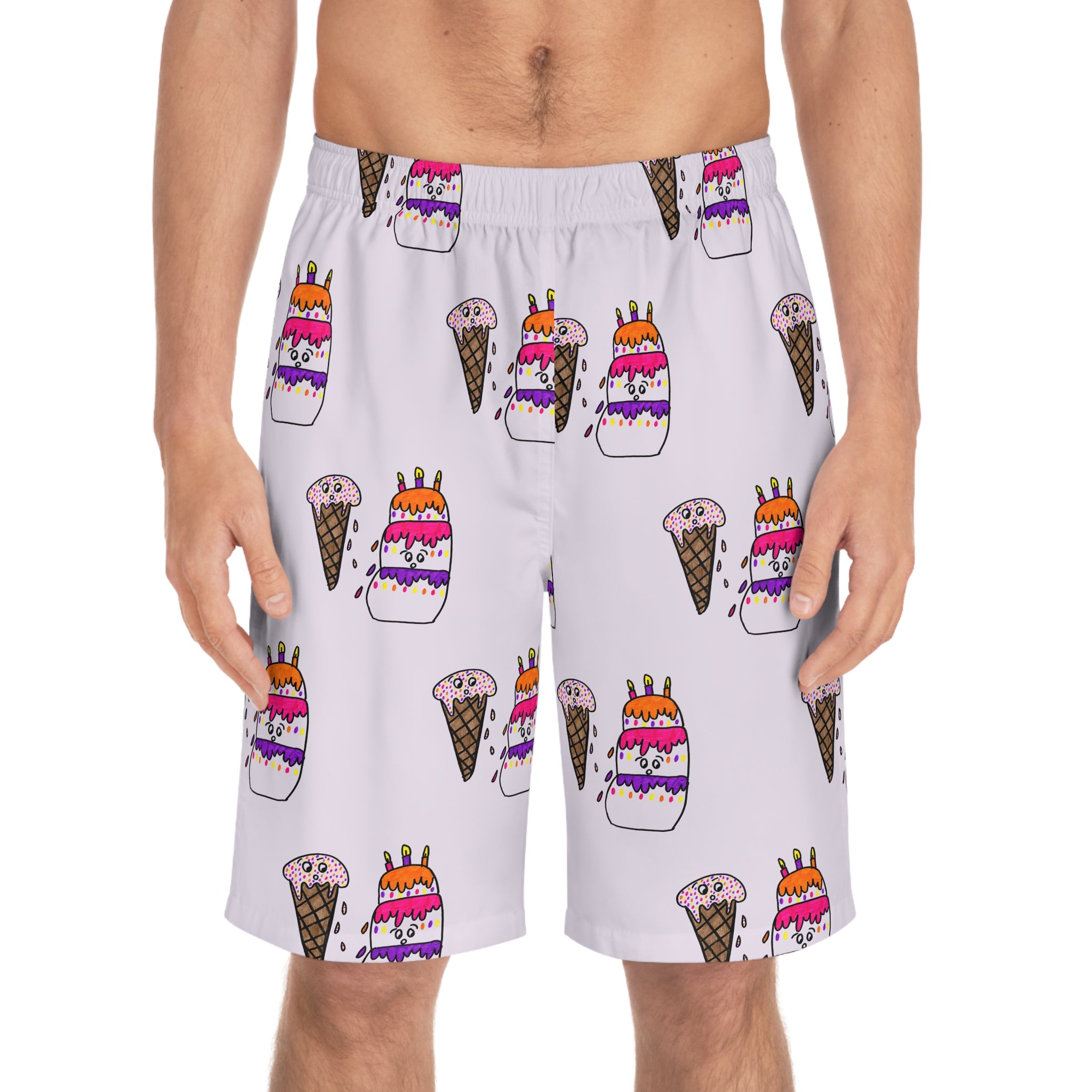 Hand-Drawn Cake and Ice Cream Cone Pattern Birthday Board Shorts | Pink All-Over Print