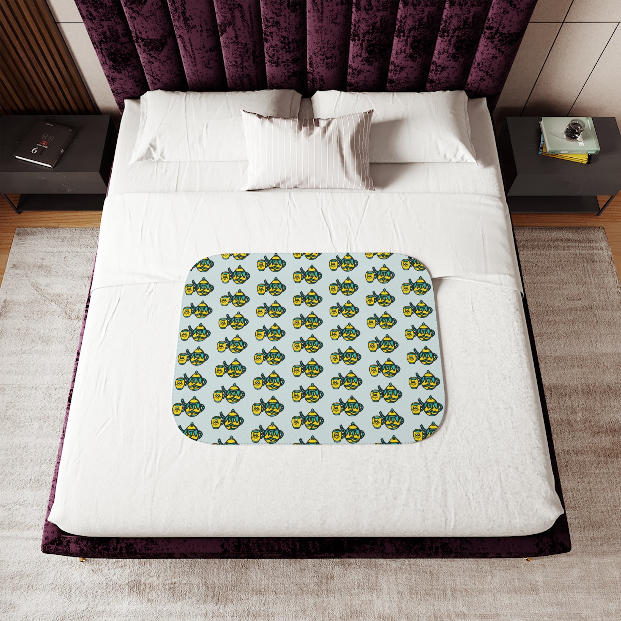 Hand-Drawn Teal and Yellow Teapot and Mug Pattern Sherpa Blanket | Repeating Cozy Tea party Print
