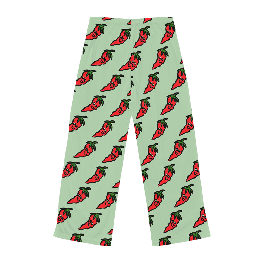 Hand-Drawn Cute Chili Pepper Pattern Pajama Pants | green, red veggie all-over print