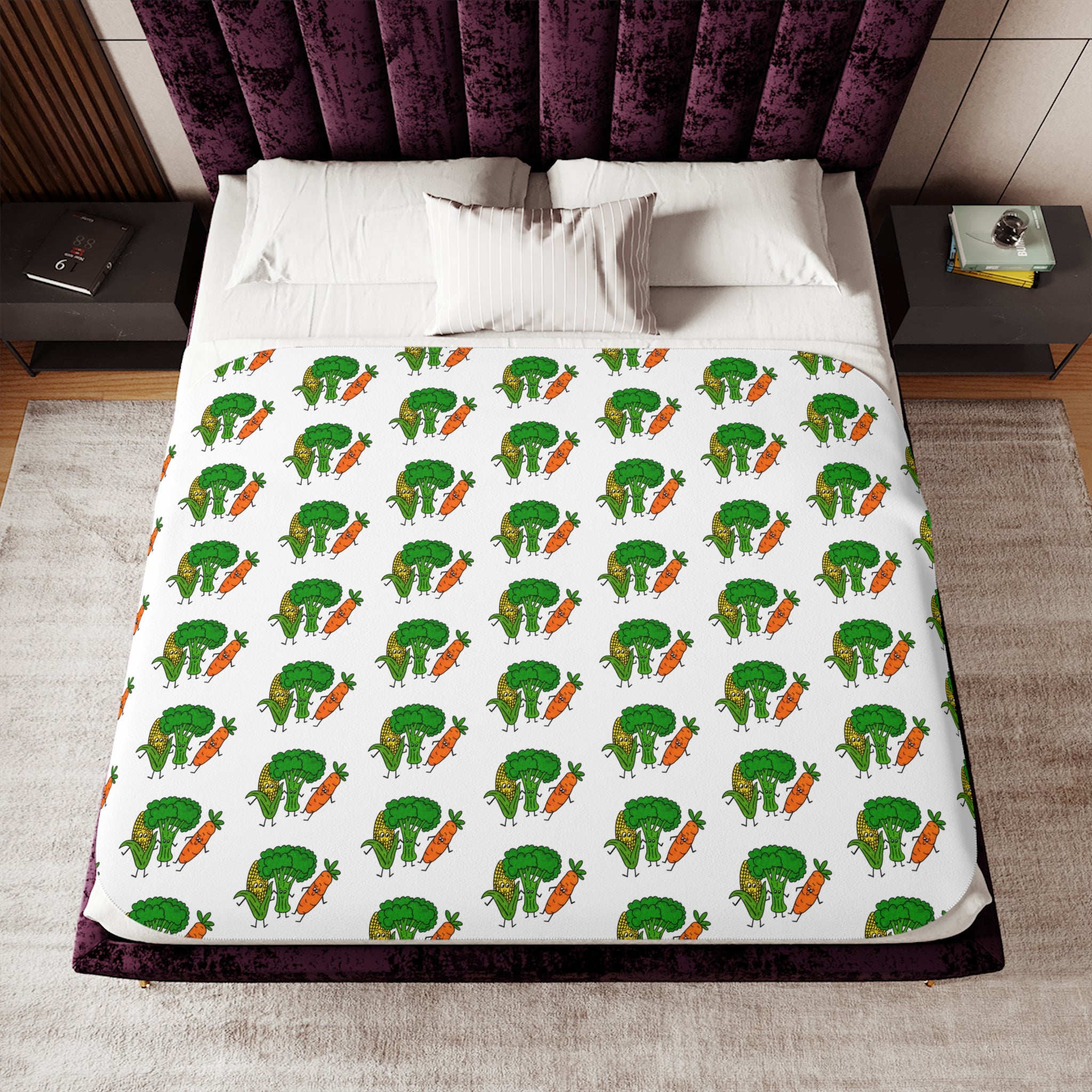 Hand-Drawn Corn, Broccoli, and Carrot Veggie Pattern Sherpa Blanket | Vegetable Motif Repeat Print