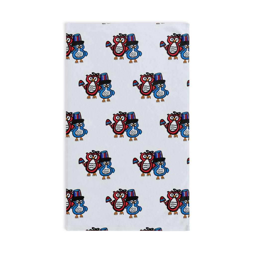 Hand-Drawn Cute Winter Owl Hand Towel, Whimsical Bathroom or Kitchen Decor, Cozy Owl Gift, Blue and Red Holiday Tea Towel