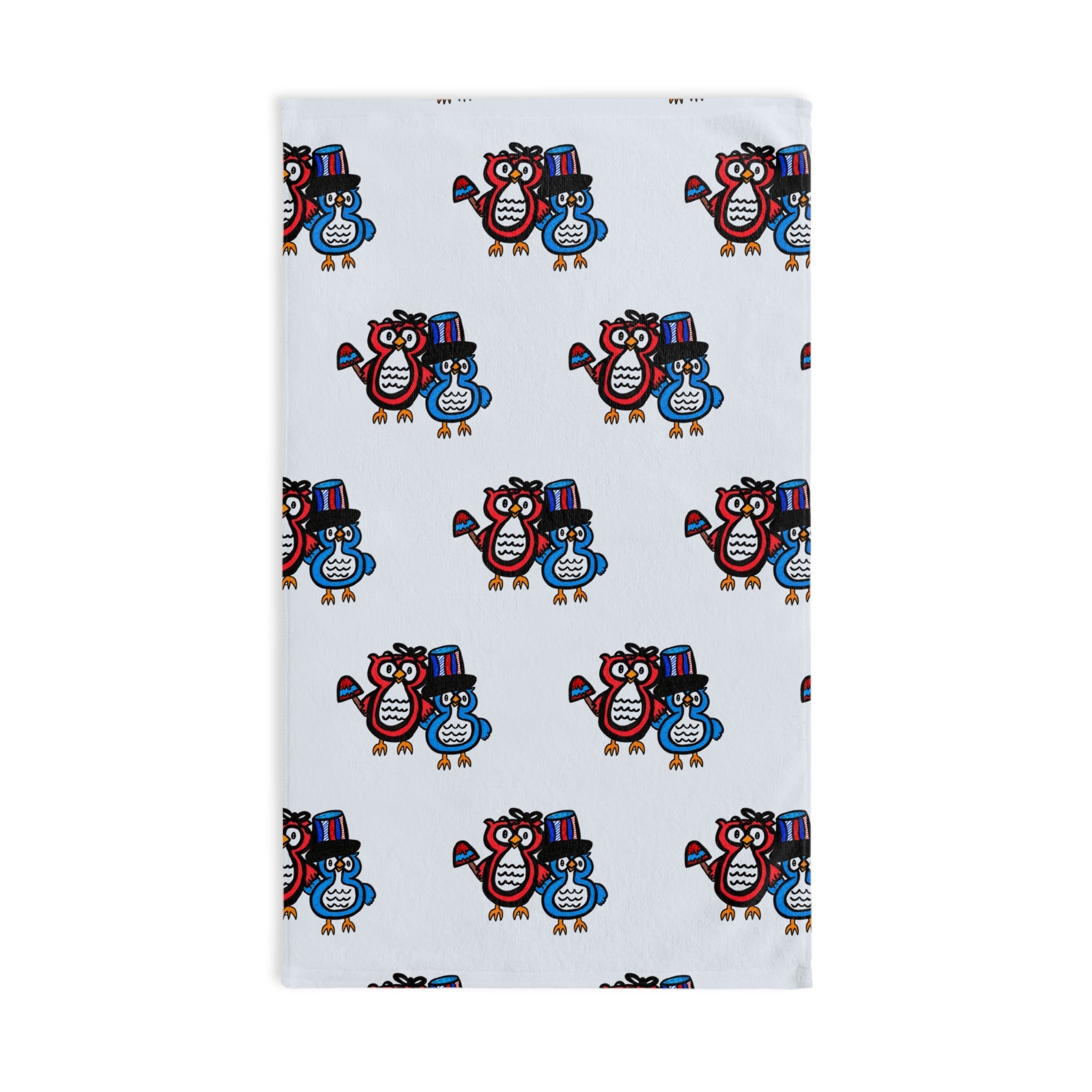 Hand-Drawn Cute Winter Owl Hand Towel, Whimsical Bathroom or Kitchen Decor, Cozy Owl Gift, Blue and Red Holiday Tea Towel