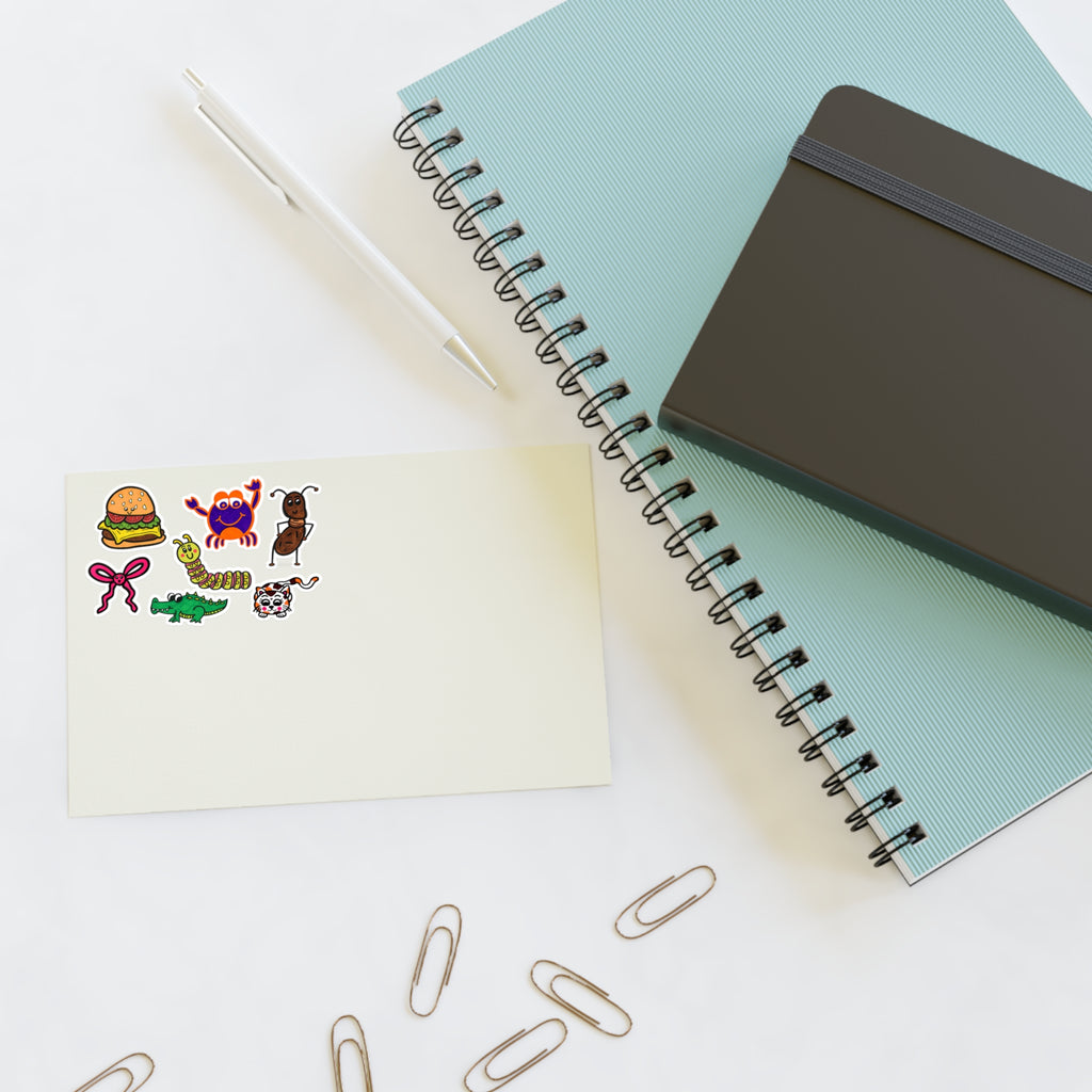 Cute Cartoon Food & Animal Sticker Sheet | Burger Crab Ant Bow Alligator Caterpillar Cat