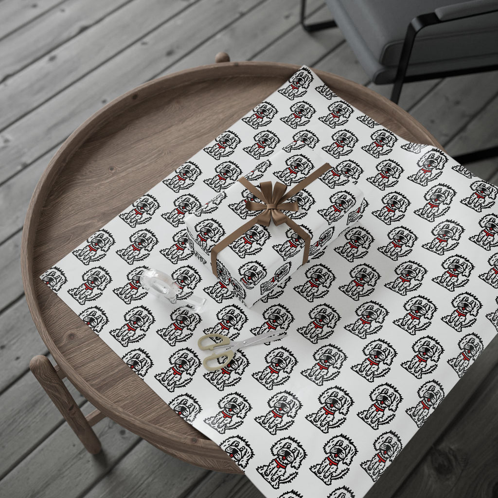 Hand-Drawn White Fluffy Dog Wrapping Paper | Red Collar