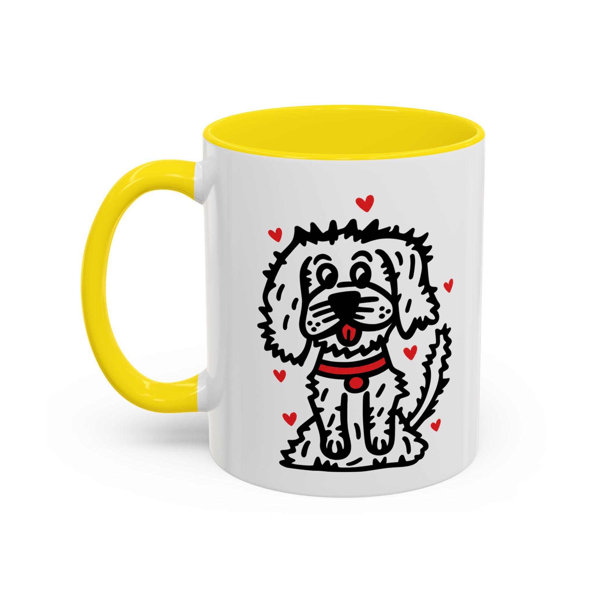 Hand-Drawn Fluffy Dog Red Collar Accent Coffee Mug | White Dog Illustration