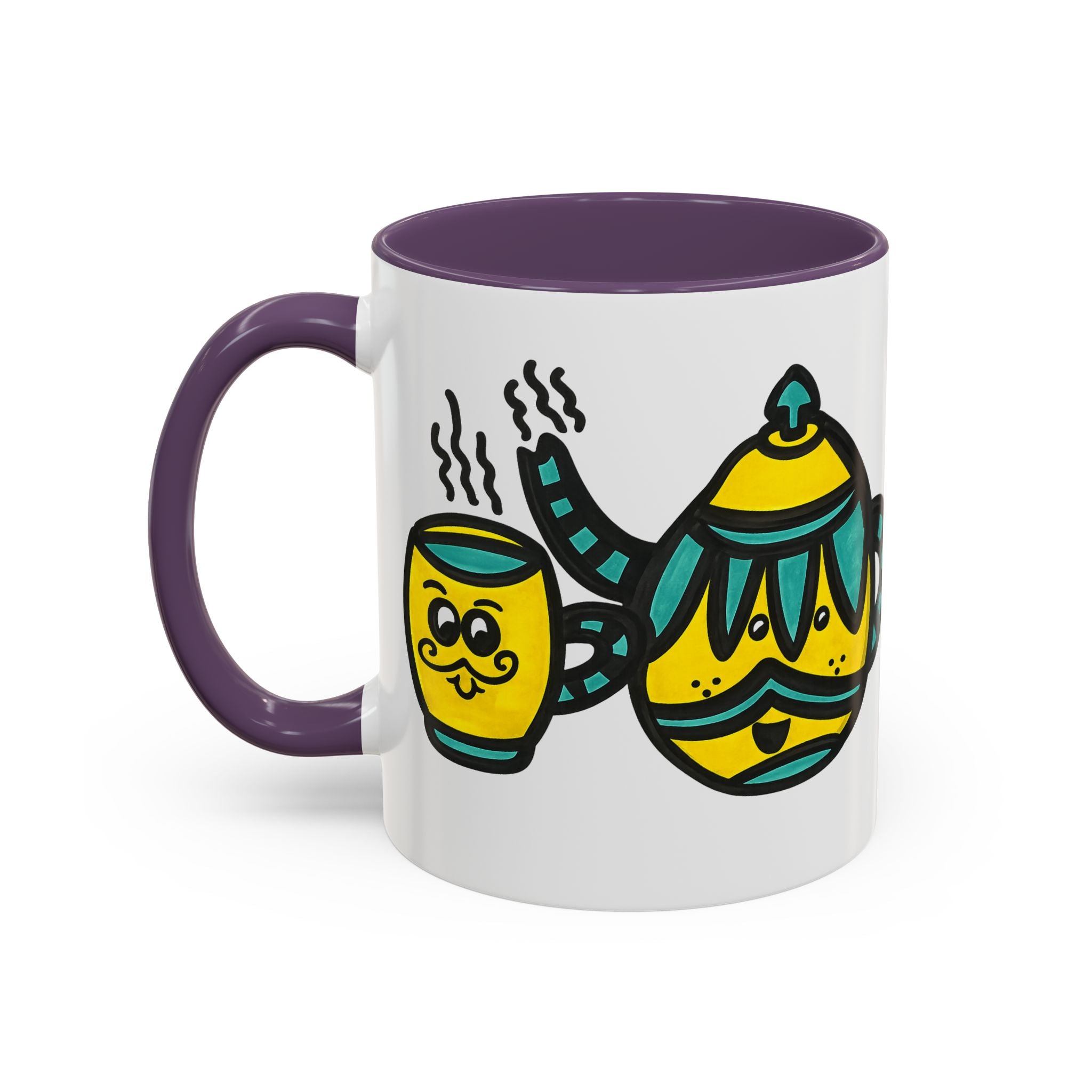 Hand-Drawn Yellow and Teal Mustache Teapot and Smiling Cup Mug | Accent Coffee Mug