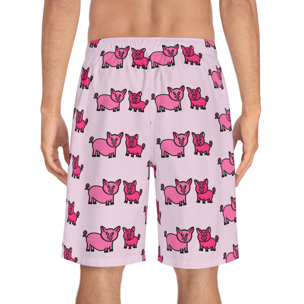 Hand-Drawn Pink Cartoon Pig Pattern Board Shorts | All-Over Print Swim Trunks