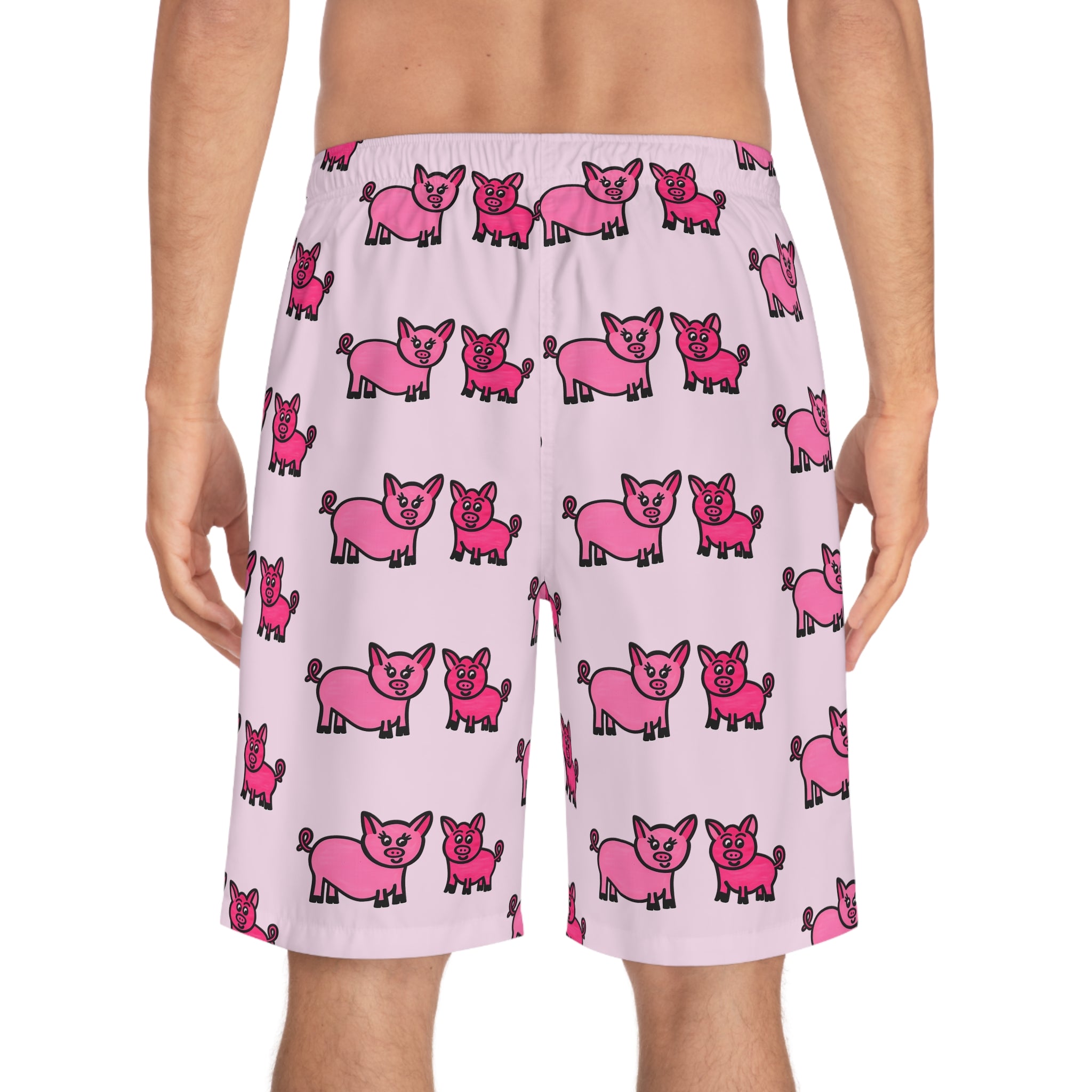 Hand-Drawn Pink Cartoon Pig Pattern Board Shorts | All-Over Print Swim Trunks