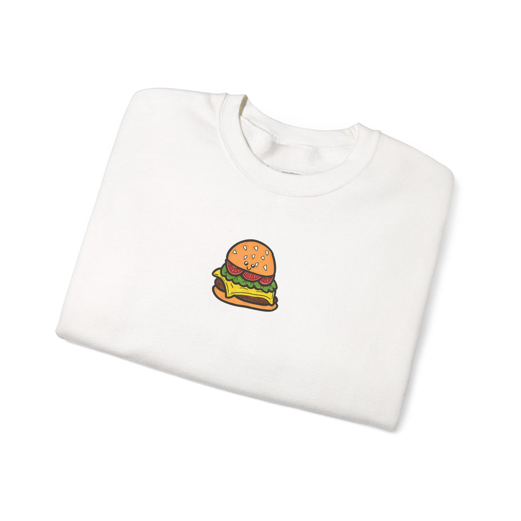 Hand-Drawn Cute Cheeseburger Graphic Sweatshirt | Minimal Food Illustration, White Crewneck