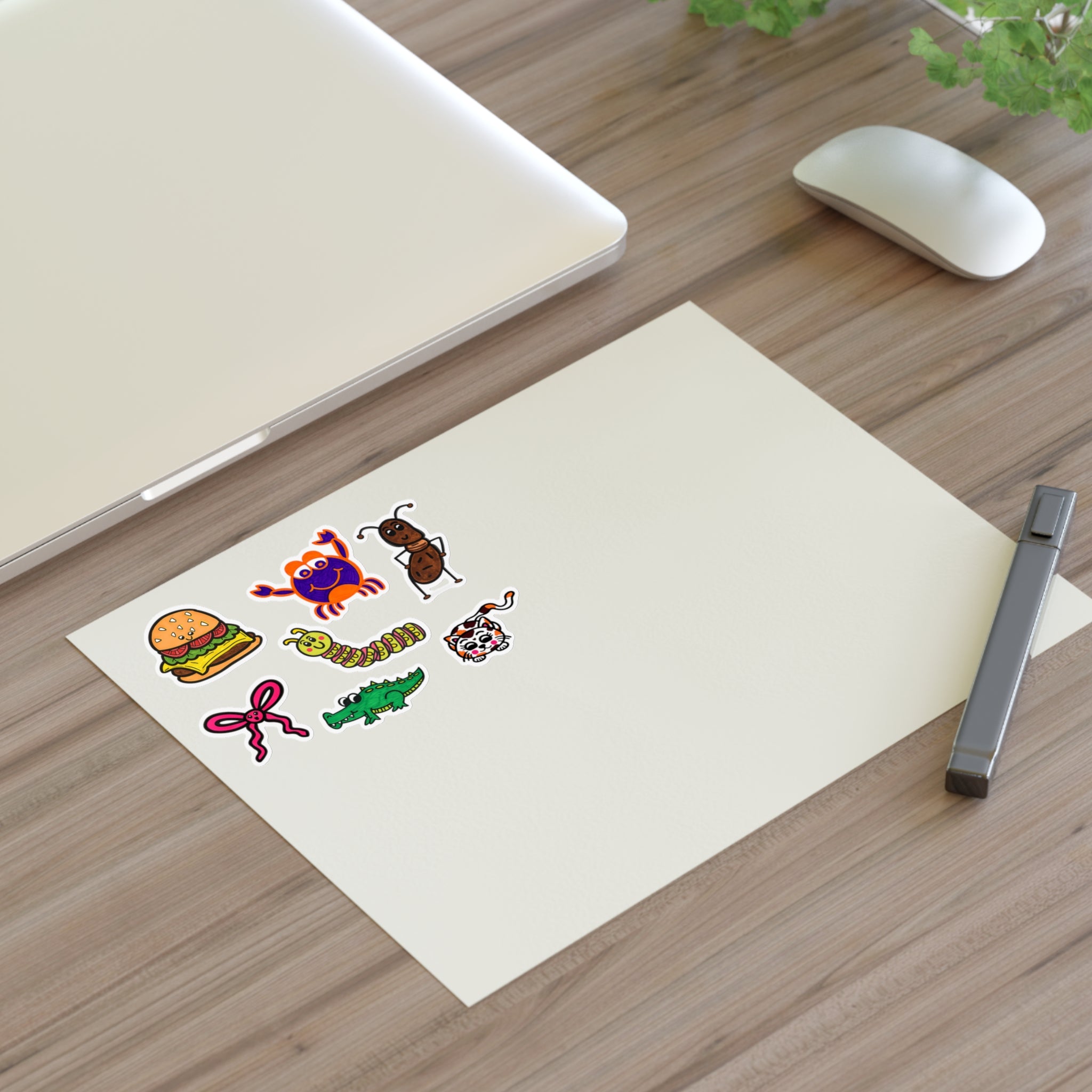 Cute Cartoon Food & Animal Sticker Sheet | Burger Crab Ant Bow Alligator Caterpillar Cat