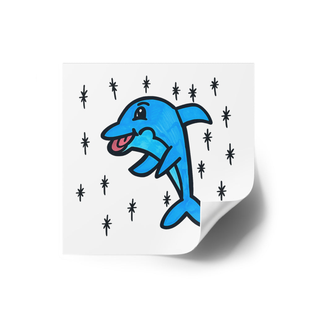 Hand-Drawn Cute Blue Dolphin Sticker | Square Indoor-Outdoor Sticker