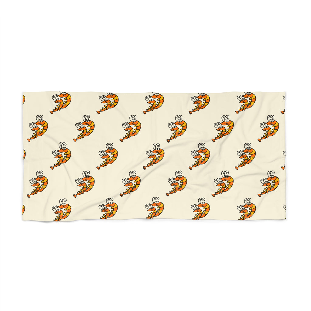 Hand-Drawn Smiling Orange Shrimp Beach Towel | Cute Seafood Cartoon Towel