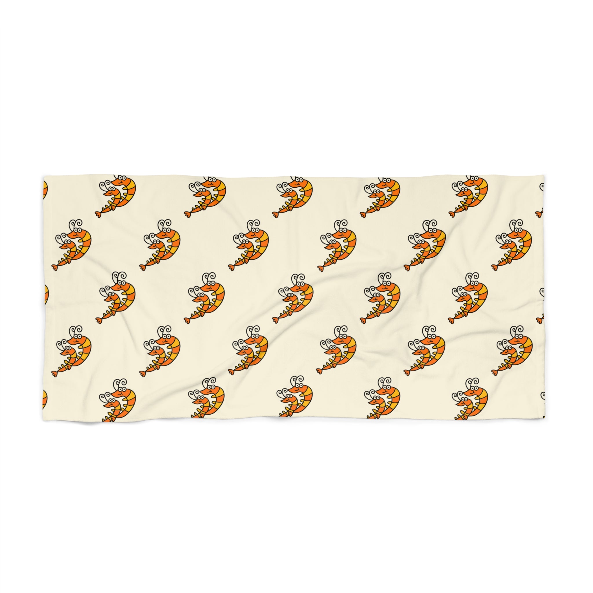 Hand-Drawn Smiling Orange Shrimp Beach Towel | Cute Seafood Cartoon Towel