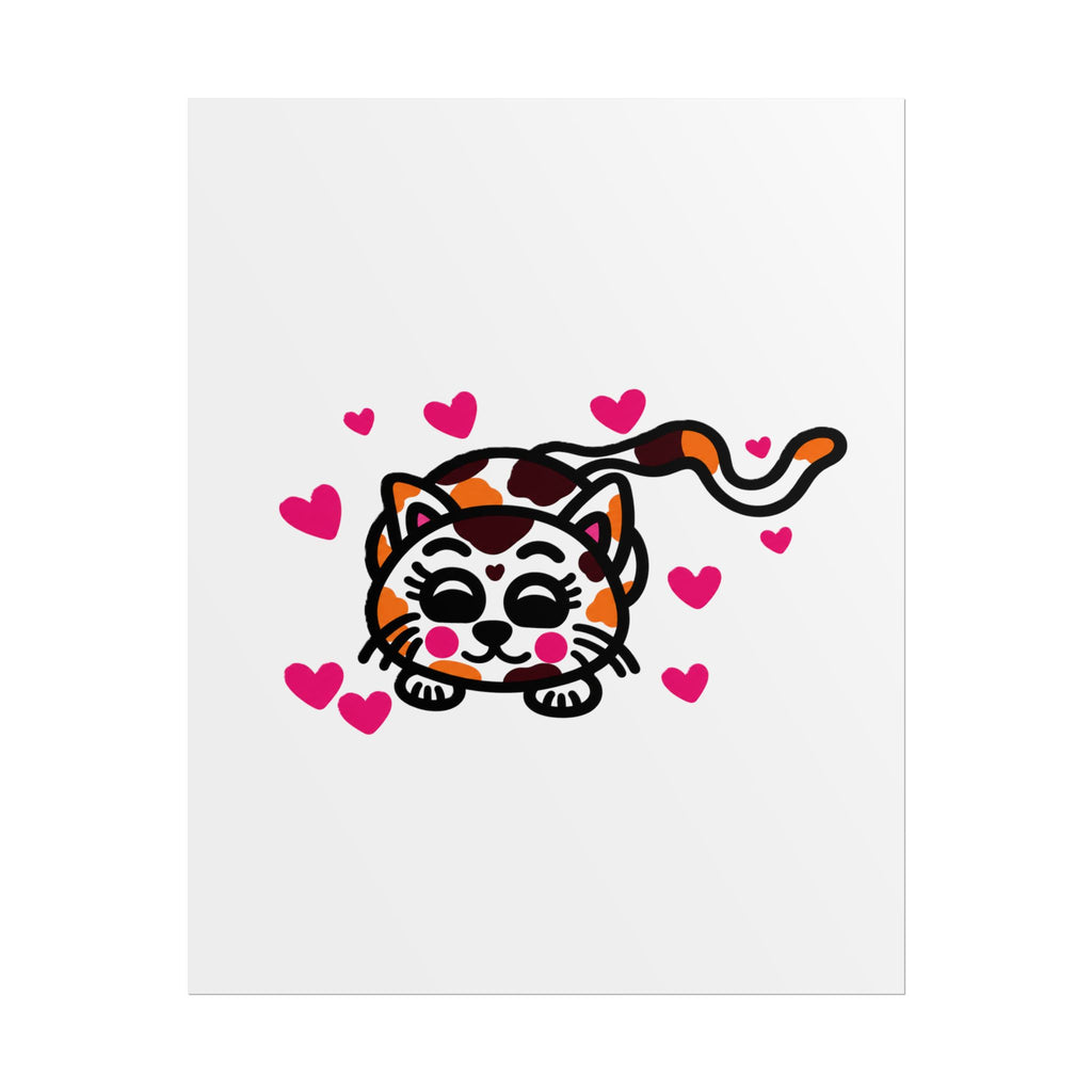 Hand-Drawn Cute Calico Cat with Pink Hearts Poster | Rolled Poster