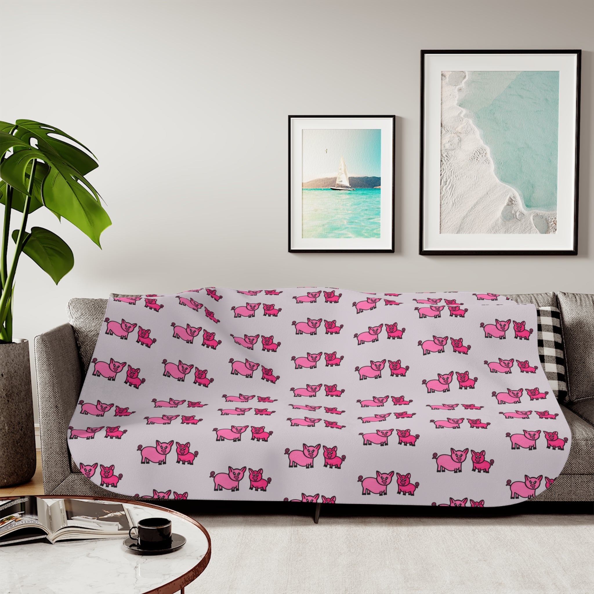 Hand-Drawn Pink Pig Duo Pattern Sherpa Blanket | Cute Repeating Farm Animal Design