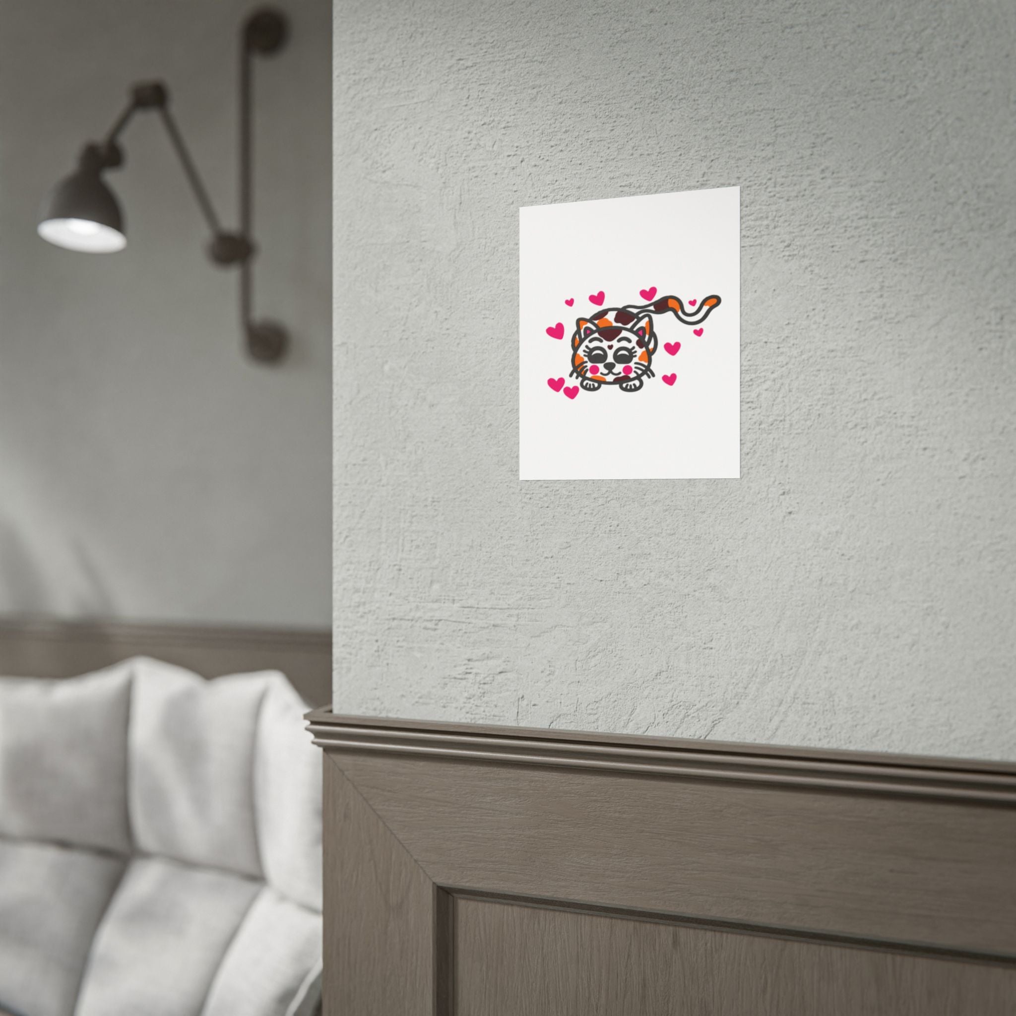 Hand-Drawn Cute Calico Cat with Pink Hearts Poster | Rolled Poster