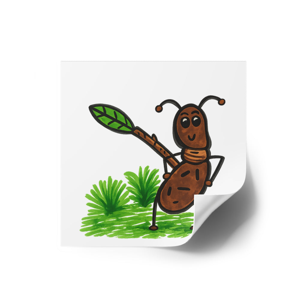 Hand-Drawn Cute Ant with Leaf Illustration Square Stickers | Indoor Outdoor
