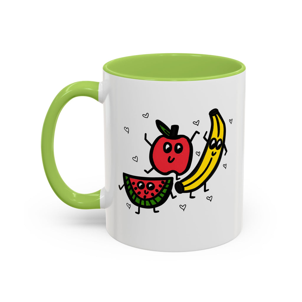 Hand-Drawn Smiling Banana Apple Watermelon Mug | Cute Fruit Faces Coffee Cup