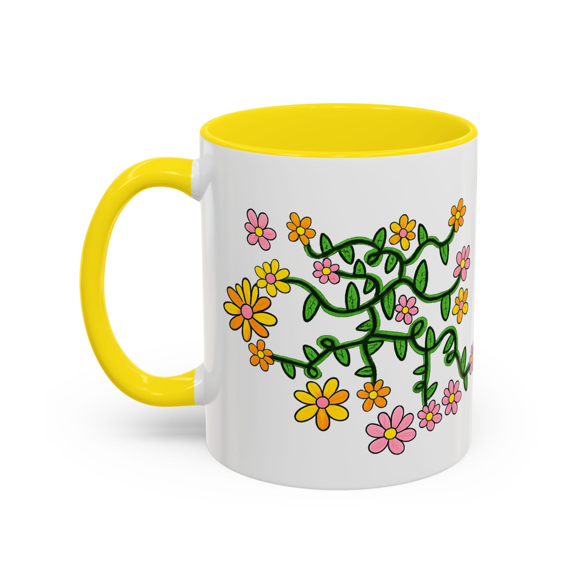 Hand-Drawn Yellow Pink Orange Flower Vine Mug | Accent Coffee Mug