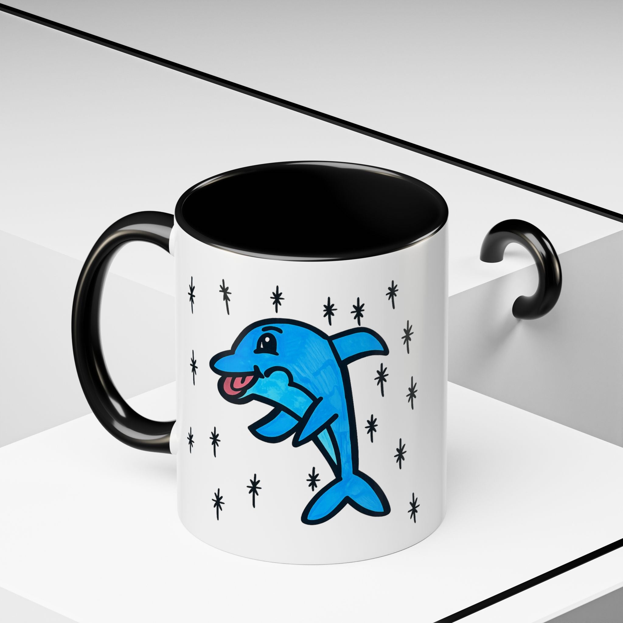 Hand-Drawn Cute Blue Dolphin Mug | Cartoon Dolphin Coffee Mug, Accent Inner Color