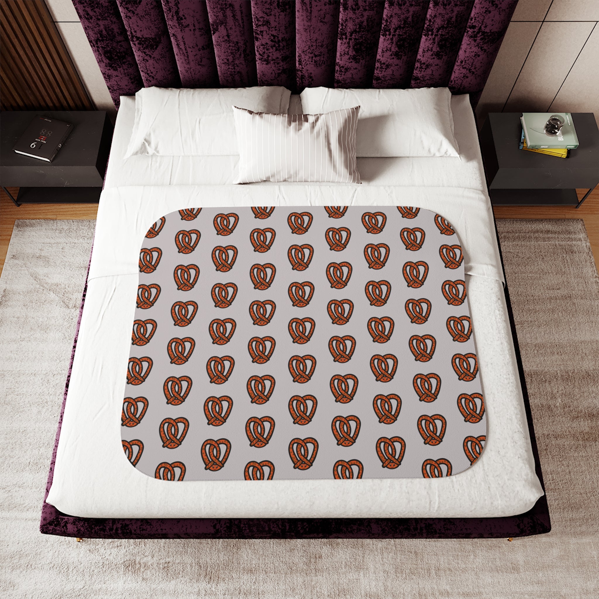 Hand-Drawn Brown Salted Pretzel Pattern Sherpa Blanket | Cozy Snack Print, Neutral Kitchen Throw