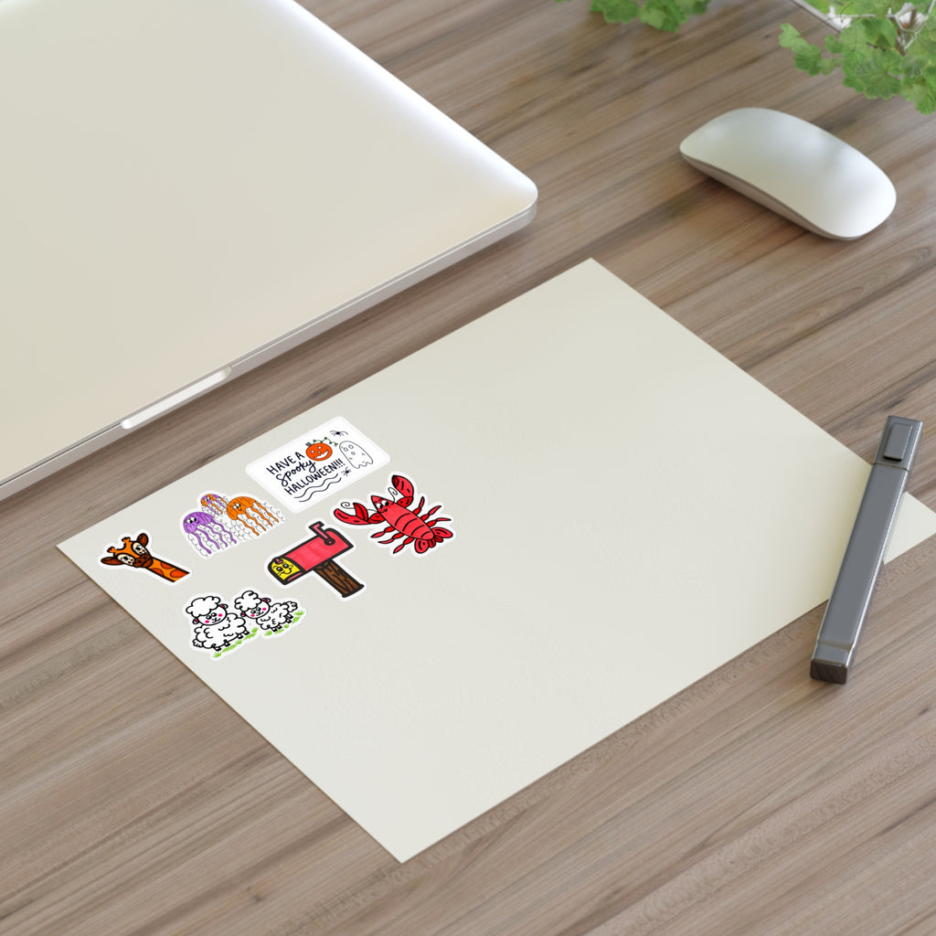 Hand-Drawn Cute Character and Designs Doodle Sticker Sheets | Spooky Ghosts, Lobster, Giraffe, Mailbox, Lamb Duo, and Jellyfish