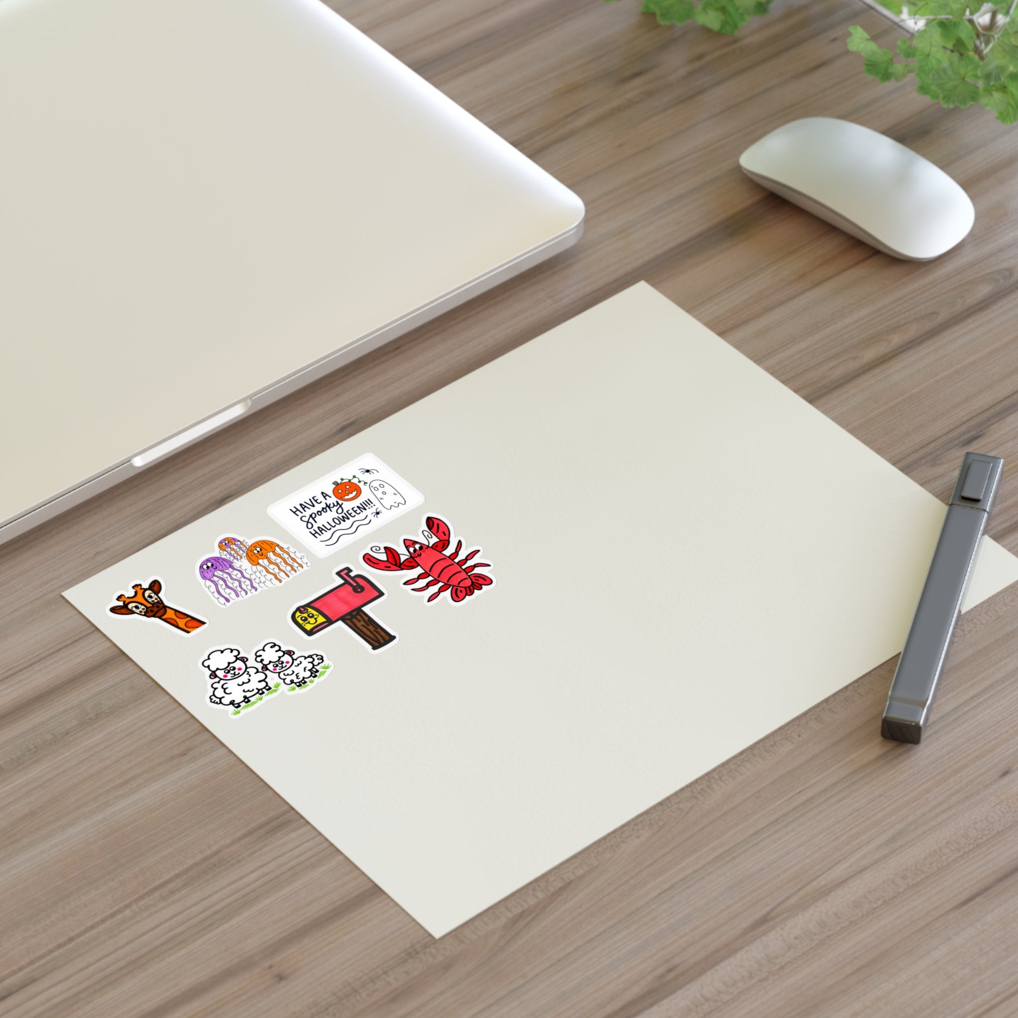 Hand-Drawn Cute Character and Designs Doodle Sticker Sheets | Spooky Ghosts, Lobster, Giraffe, Mailbox, Lamb Duo, and Jellyfish