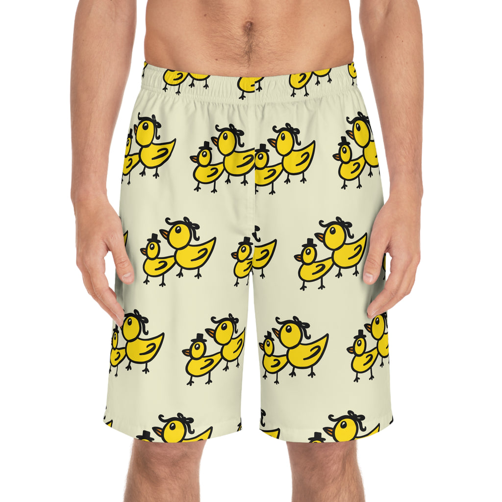 Hand-Drawn Yellow Duck Pattern Board Shorts | All-Over Print