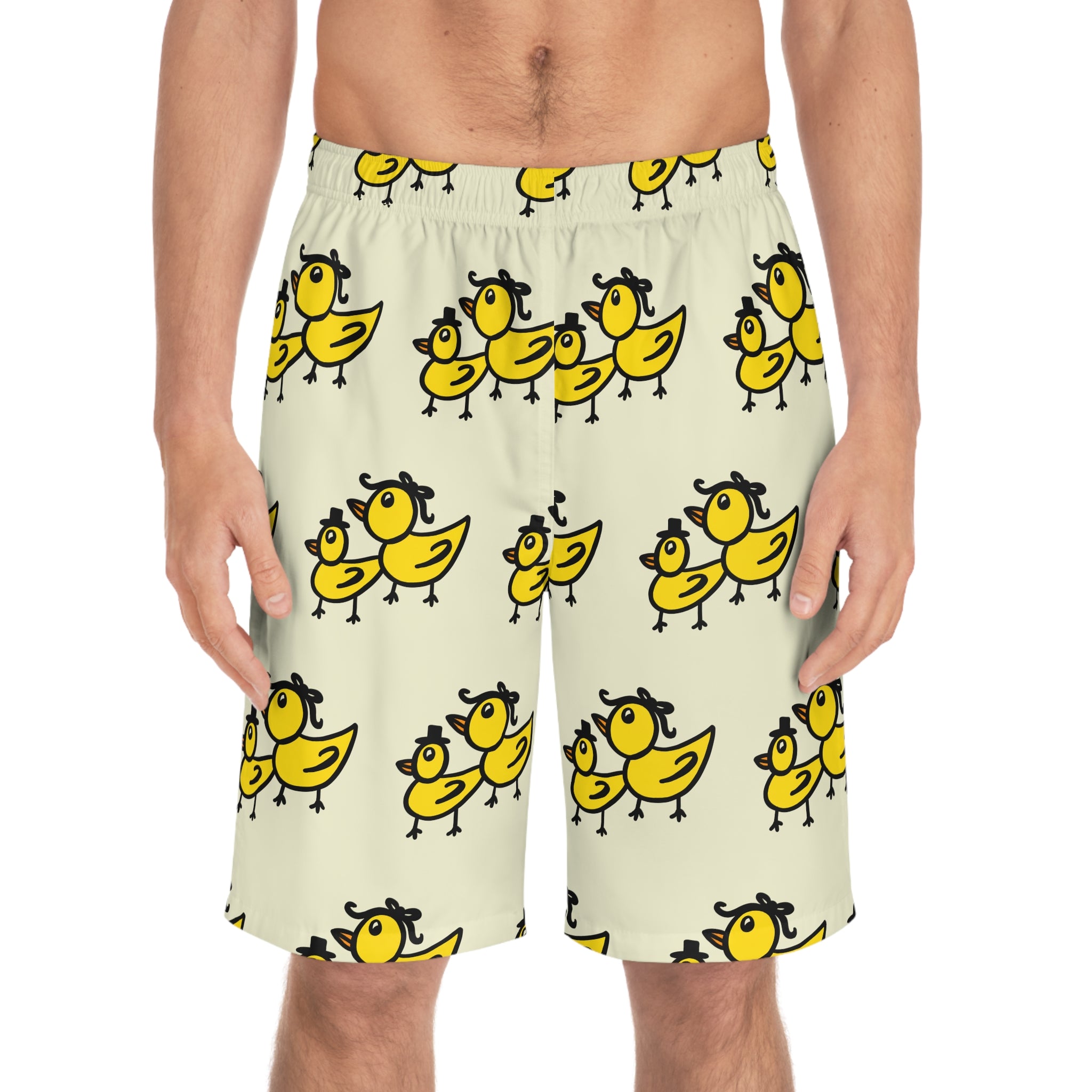Hand-Drawn Yellow Duck Pattern Board Shorts | All-Over Print