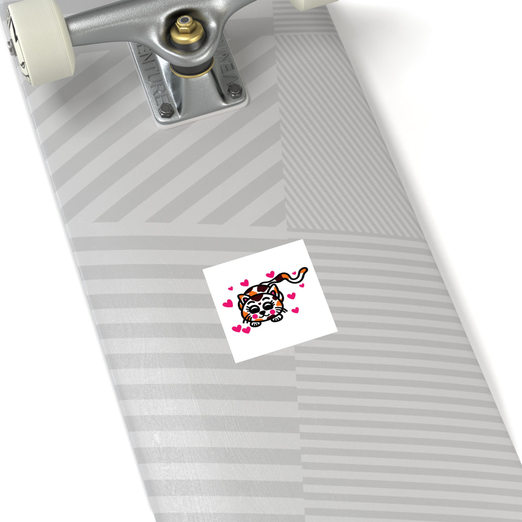 Hand-Drawn Calico Cat with Pink Hearts Square Sticker | Indoor Outdoor