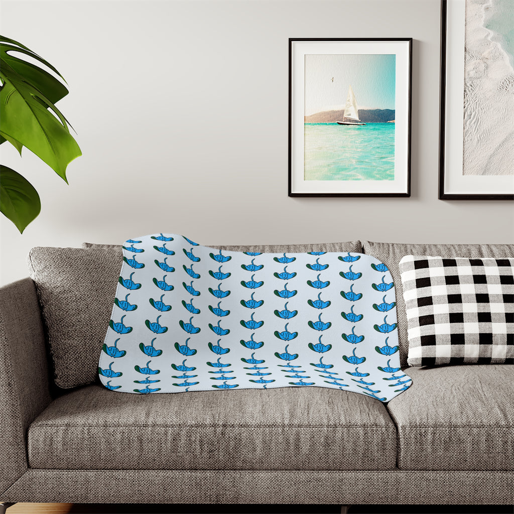 Hand-Drawn Blue Manta Ray Pattern Sherpa Blanket | Ocean Animal Print, Cozy Stingray Throw