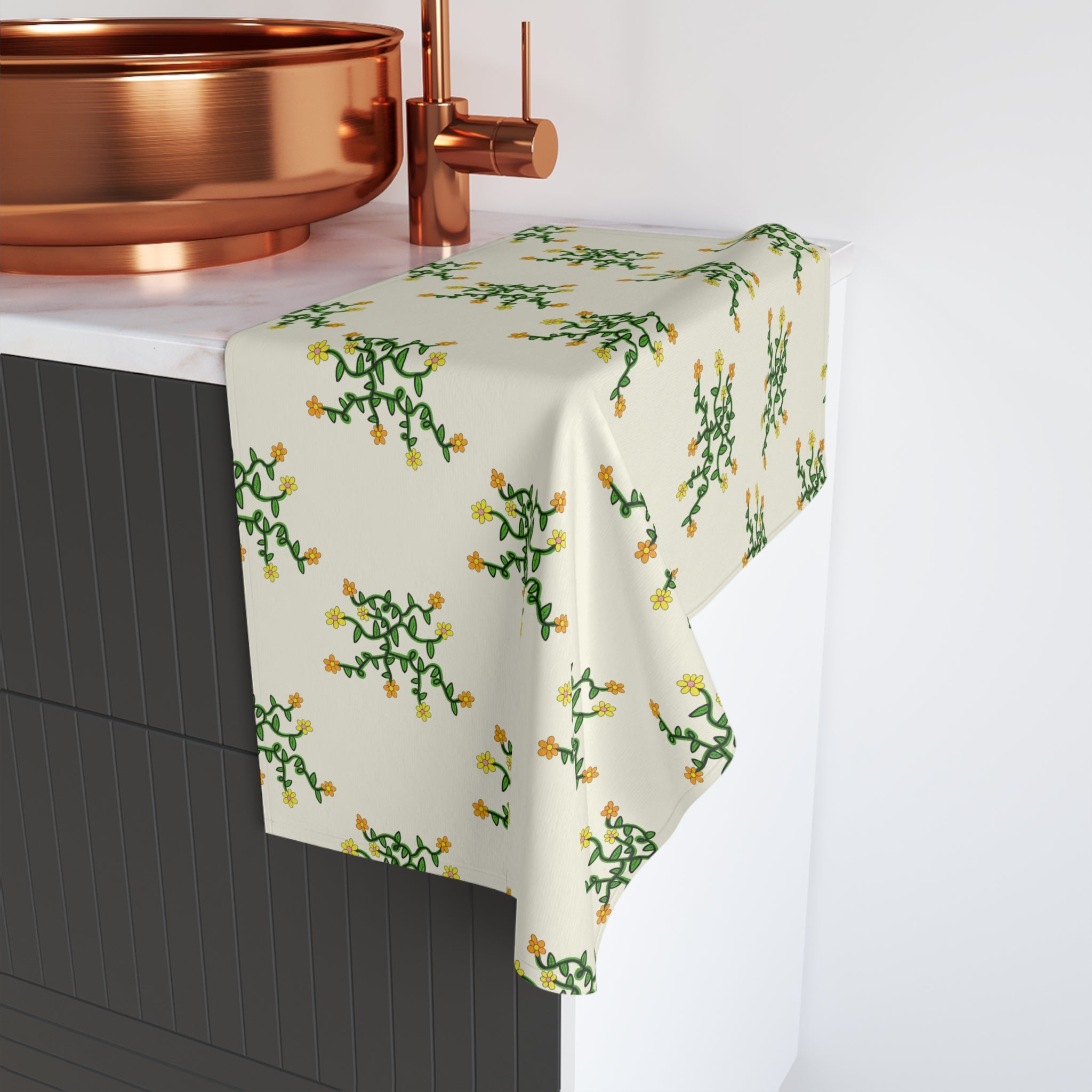 Hand-Drawn Yellow Orange and Pink Flowers on Green Vine Spring Hand Towel | Botanical Pattern, Kitchen Linen
