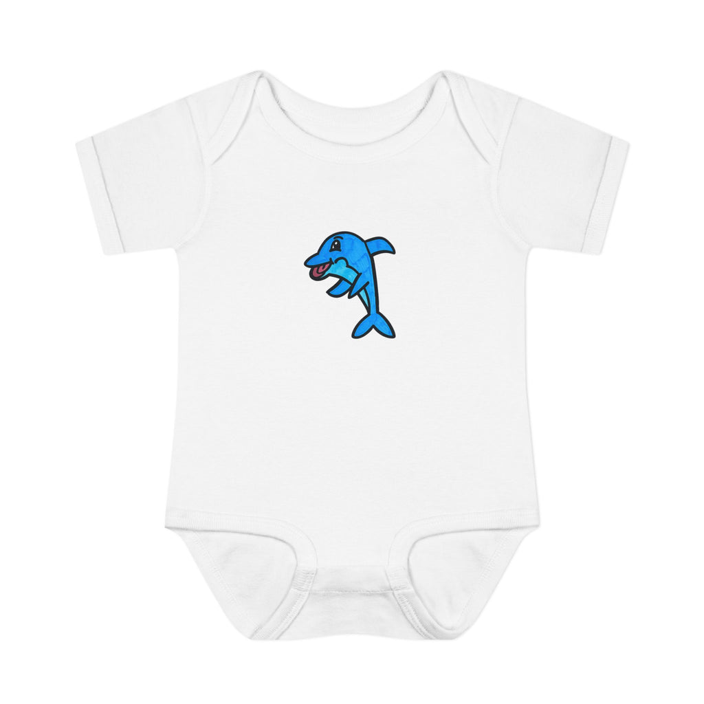 Hand-Drawn Cartoon Blue Dolphin Infant Bodysuit | Baby Onesie Ocean Animal