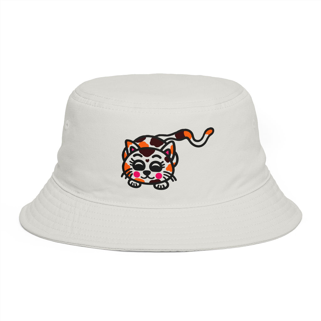 Hand-Drawn Calico Cat Bucket Hat | Cute Kitty Patch, Casual Sun Hat