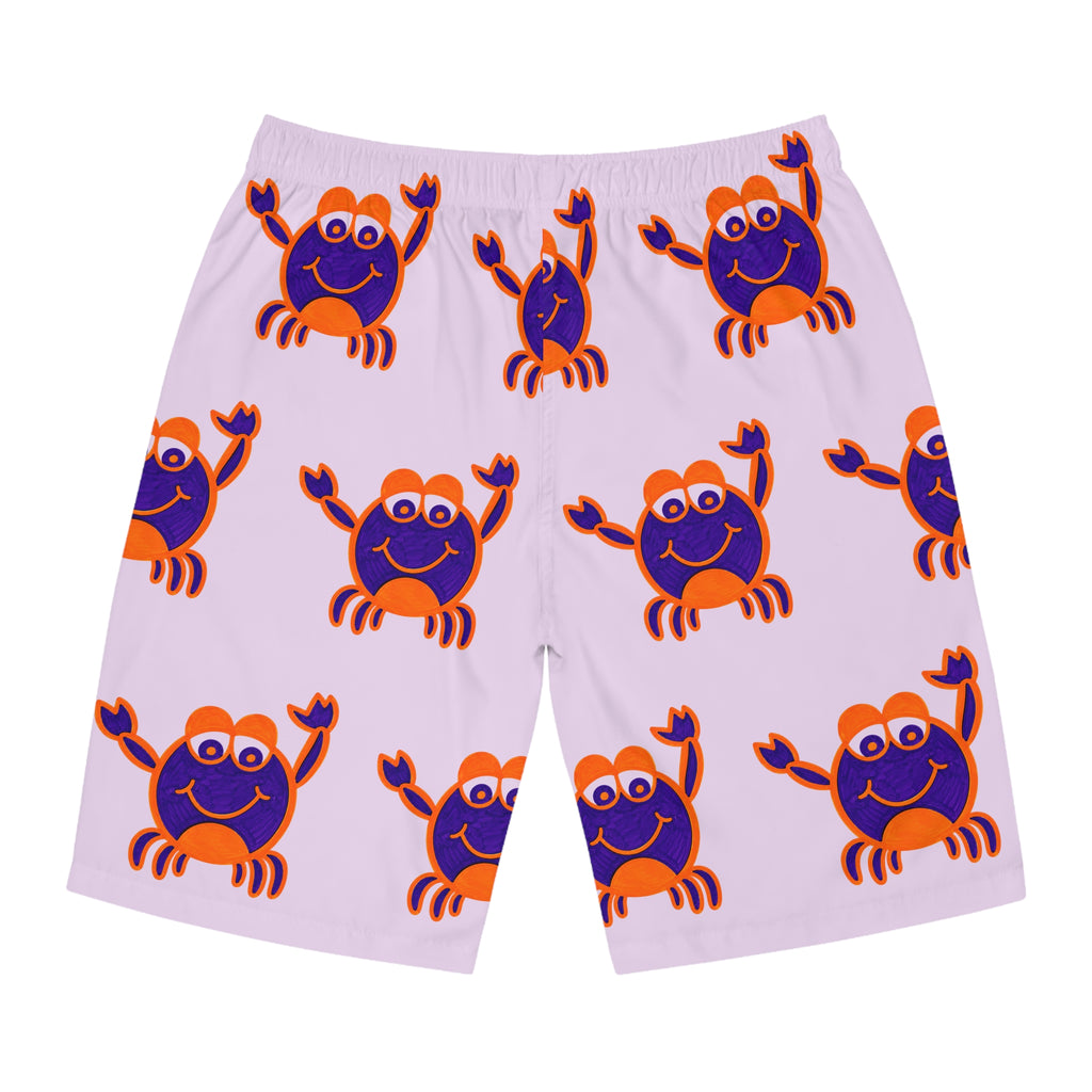 Hand-Drawn Cute Purple and Orange Crab Pattern Men's Board Shorts | All-Over Print