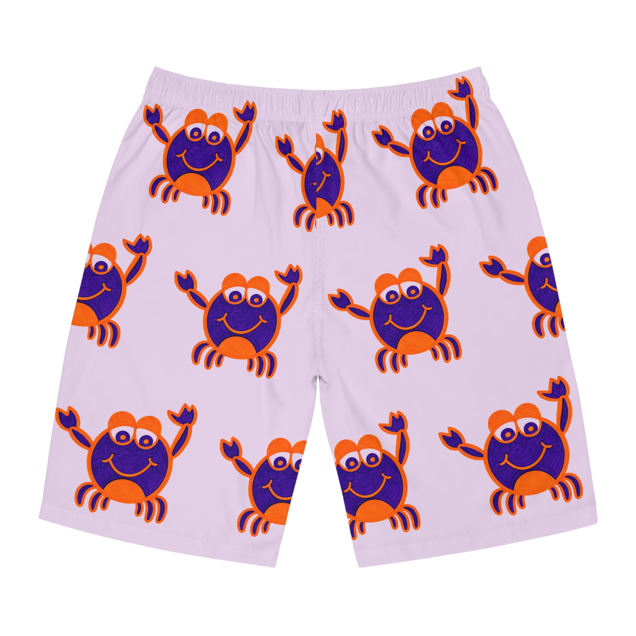Hand-Drawn Cute Purple and Orange Crab Pattern Men's Board Shorts | All-Over Print