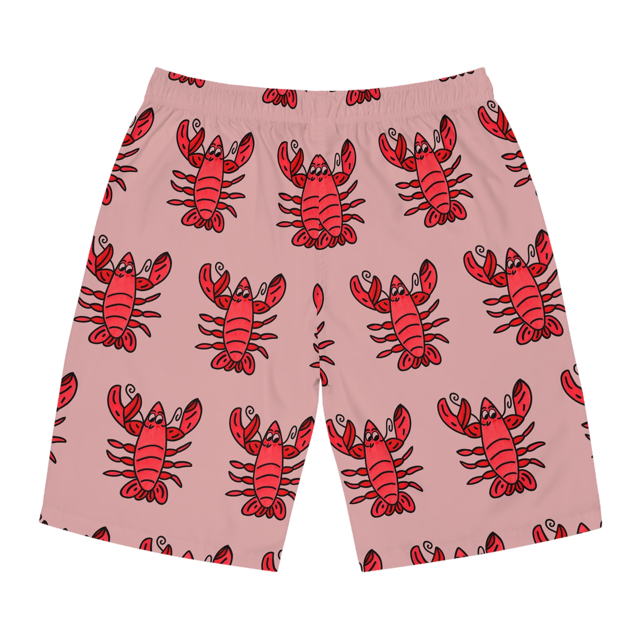 Hand-Drawn Red Lobster Pattern Men's Board Shorts | Pink All-Over Print Swim Trunks
