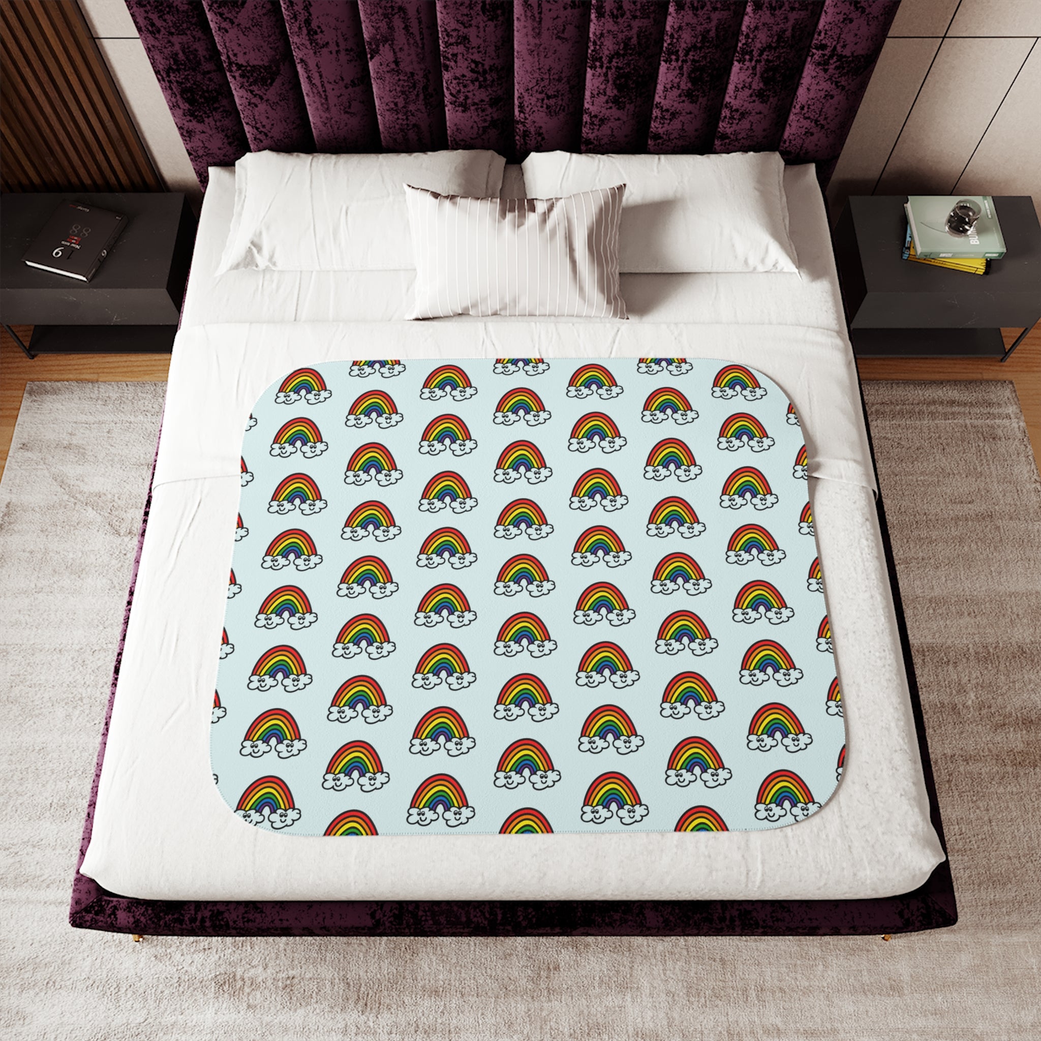 Hand-Drawn Retro Rainbow and Clouds Smiling Pattern Sherpa Blanket | Cute Rainbow Repeat Throw
