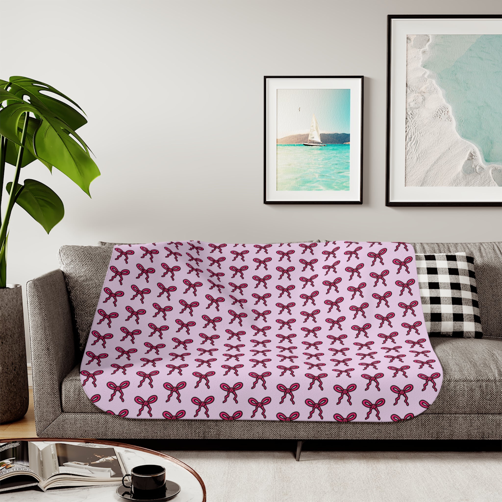 Hand-Drawn Pink Bow Pattern Sherpa Blanket | Cozy Reversible Throw